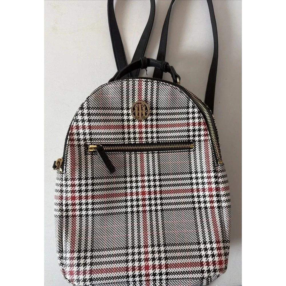 Tommy Hilfiger Women's Black And Red Plaid  Backpack Monogram Printed Logo